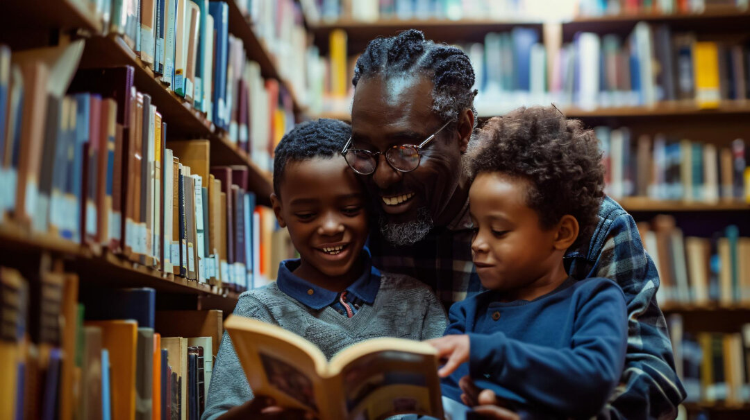 Reading with children in library.